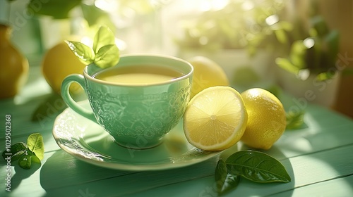 Vaso de té verde servido con hojas frescas y rodajas de limón, colocado sobre una mesa de piedra. Ideal para representar bienestar y relajación.

 photo