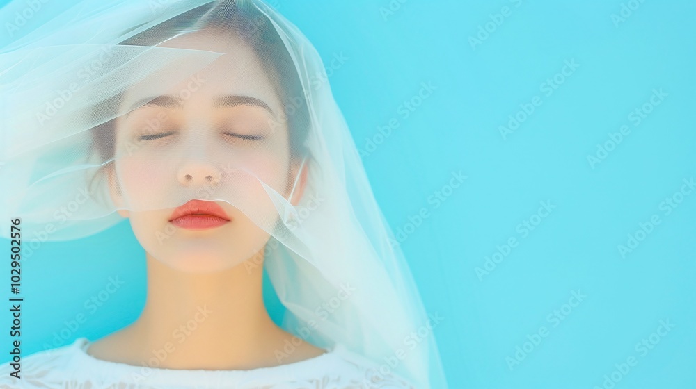 Ethereal portrait of a woman with closed eyes, wearing a white veil, against a bright blue background, featuring soft lighting and minimalistic design, providing ample copy space.