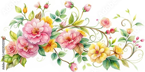 Watercolor painting of pink and yellow flowers with swirling vines and leaves