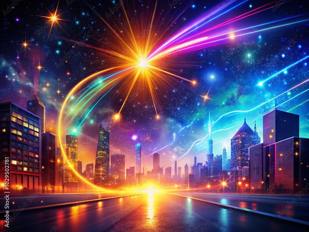 Fototapeta premium Neon Comet Light Effect with Sparkling Bokeh for Urban Exploration Photography