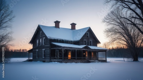 An old rural cabin partially covered in snow, with a wooden porch and two brick chimneys on the snow-covered roof. The warm light of the winter sunset highlights the wood texture, creating a feeling o