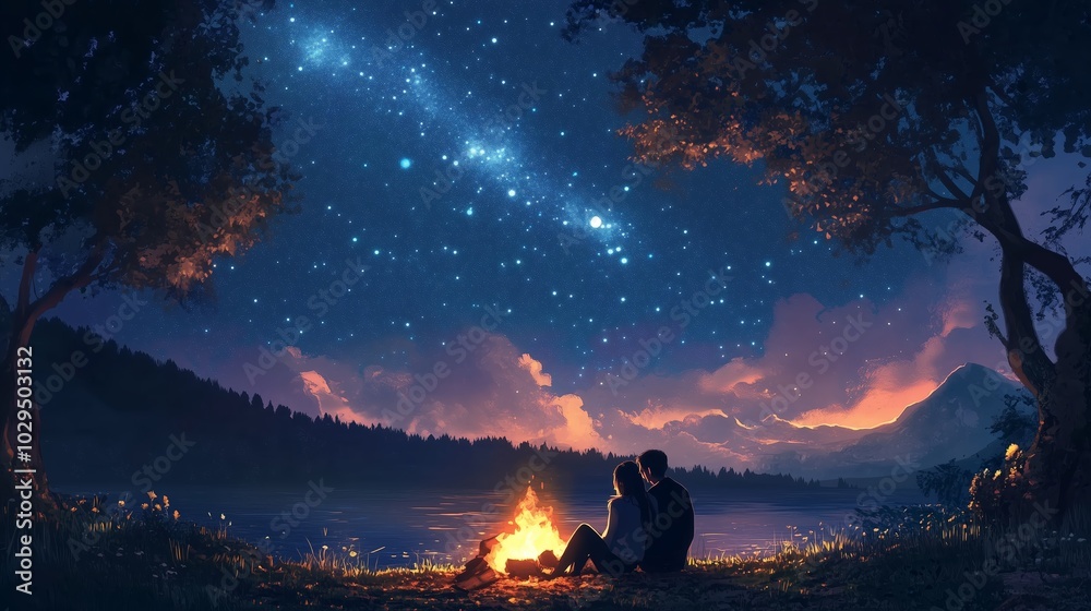 A couple enjoys a romantic evening by the lakeside campfire under a starlit sky near the mountains at dusk A couple enjoys a romantic evening by the lakeside campfire under a starlit sky near the mountains at dusk