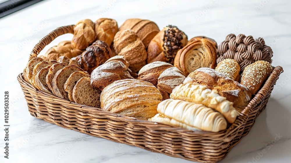 A white marble countertop holds a wicker basket filled with an assortment of pastries A white marble countertop holds a wicker basket filled with an assortment of pastries