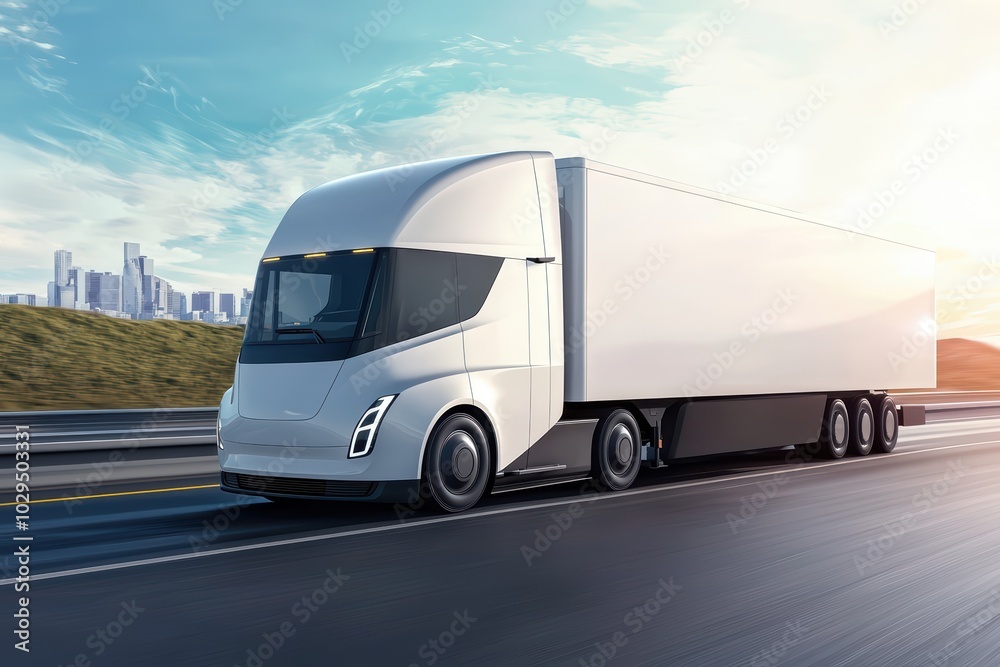 Modern electric truck driving on highway with city skyline in background and clear blue sky. Modern electric truck driving on highway with city skyline in background and clear blue sky.
