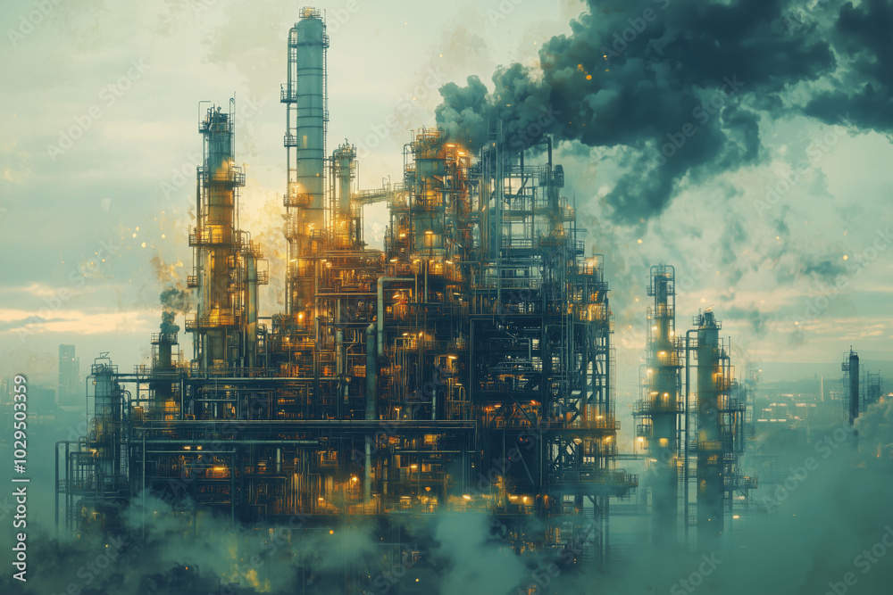 Majestic industrial skyline at dusk, illuminated by glowing structures and smoke Majestic industrial skyline at dusk, illuminated by glowing structures and smoke