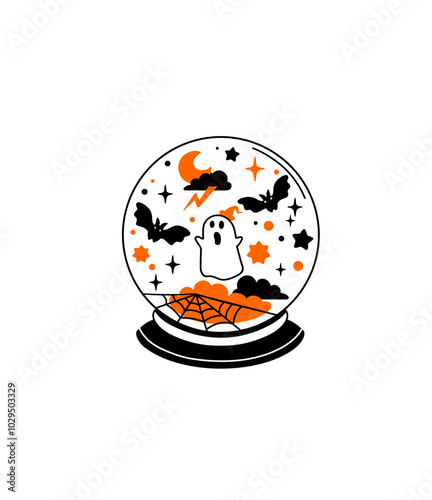 Vector illustration Halloween Crystal ball, Glass ball,  ghost, banner, card, cartoon doodle