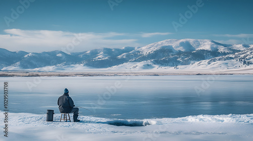 A lone ice fisherman sitting on a stool by a hole drilled into a frozen lake with snow-covered mountains in the distance. photo