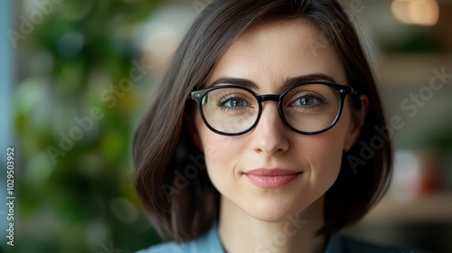 Portrait of a smiling young woman wearing glasses, set against a blurred green background, exuding confidence and approachability.