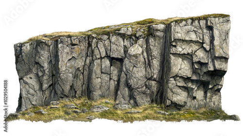 Large rocky cliff with cracks and patches of grass on the top on transparent background photo