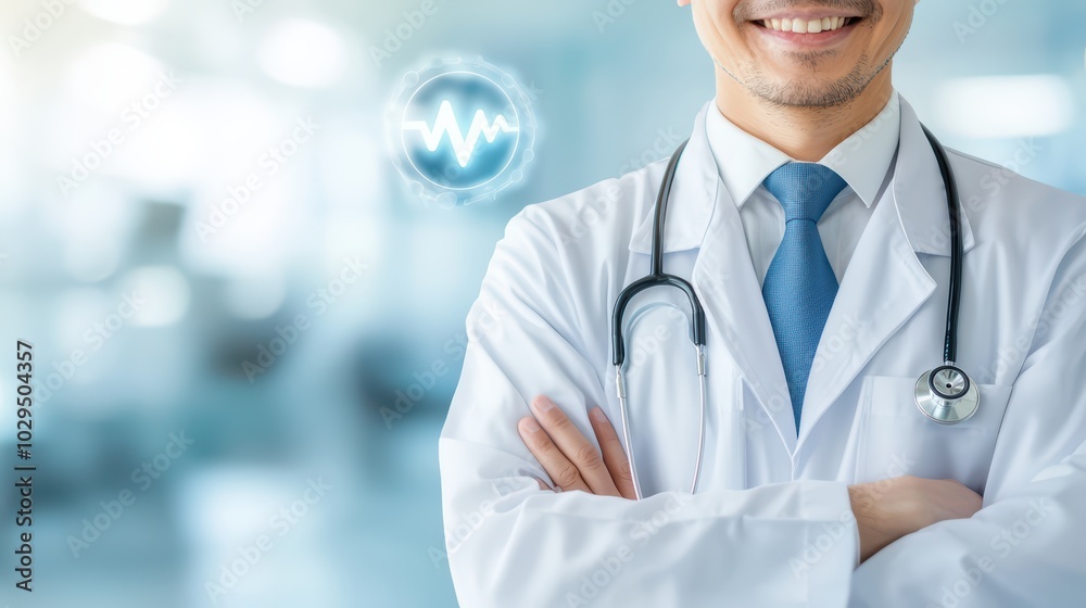 Smiling doctor in a white coat with a stethoscope, showcasing healthcare and professionalism in a modern medical setting. Smiling doctor in a white coat with a stethoscope, showcasing healthcare and professionalism in a modern medical setting.