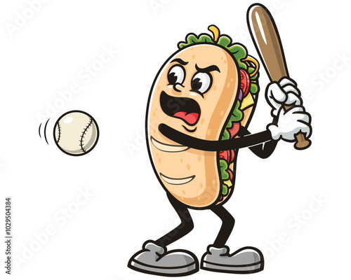 Sub Sandwich playing Baseball, Cartoon Mascot Illustration Character Vector Clip-art Hand-drawn Logo Design photo