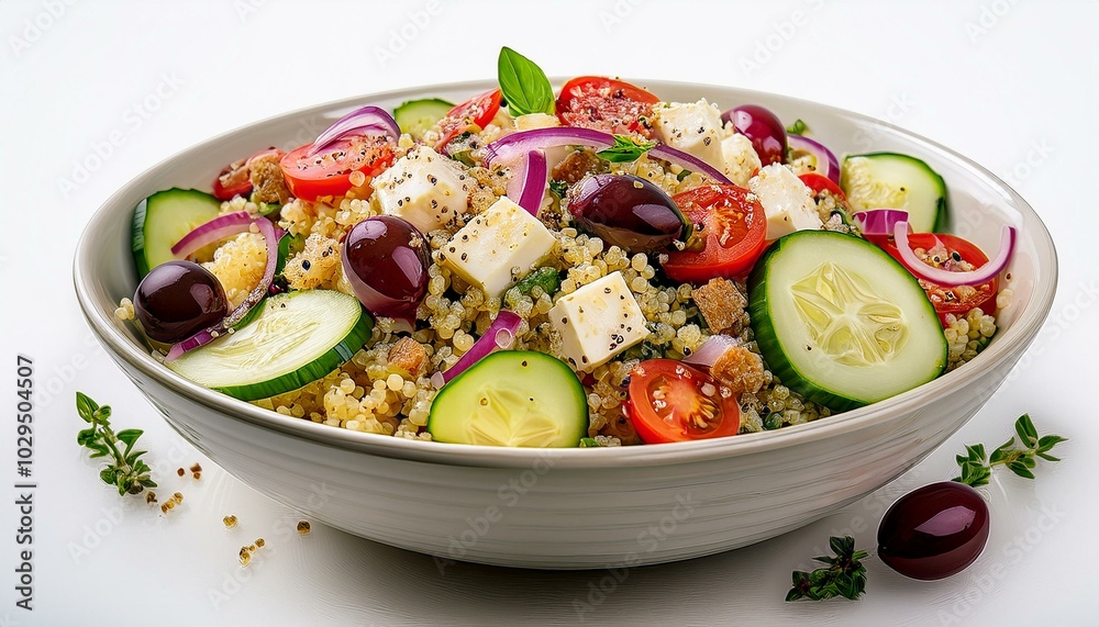 A bowl with cooked quinoa, diced cucumbers, cherry tomatoes, red onions, Kalamata olives, an A bowl with cooked quinoa, diced cucumbers, cherry tomatoes, red onions, Kalamata olives, an