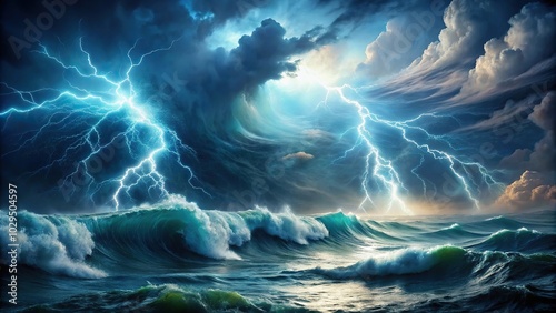 Reflected surreal ocean storm with swirling currents and lightning illuminating dark tumultuous waves capturing the raw power of nature