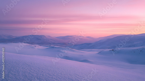 A panoramic view of a winter landscape at dusk with rolling snow-covered hills fading into the distance under a pink and purple sky.