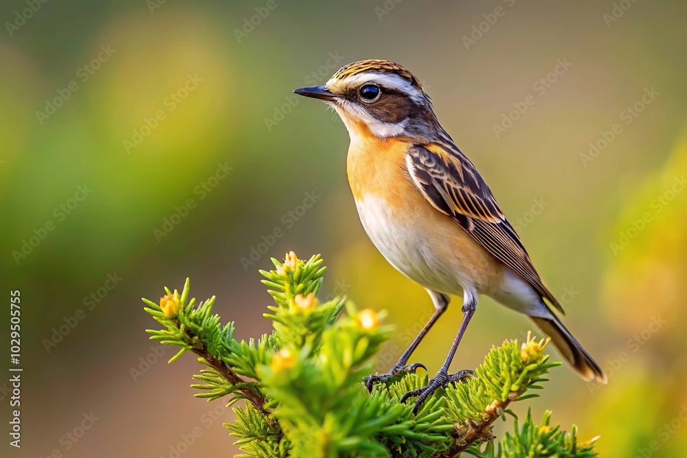 Whinchat bird perched on juniper branch against wide-angle background Whinchat bird perched on juniper branch against wide-angle background