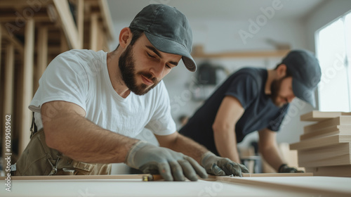 Movers assembling furniture in a new apartment, adjusting screws and tightening bolts photo