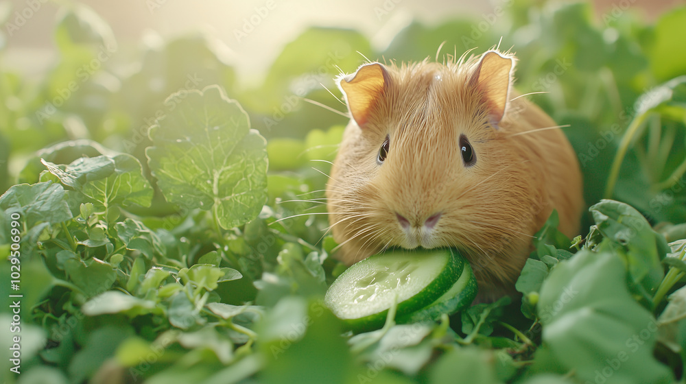 Playful guinea pig enjoying freshly cut cucumber slices and herbs in a cozy enclosure photo Playful guinea pig enjoying freshly cut cucumber slices and herbs in a cozy enclosure photo