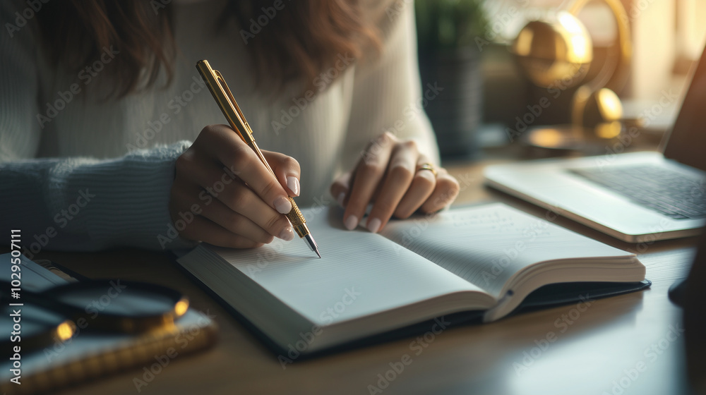 Close-up portrait of a female detective writing notes in a notebook, surrounded by investigative tools and a laptopphoto Close-up portrait of a female detective writing notes in a notebook, surrounded by investigative tools and a laptopphoto