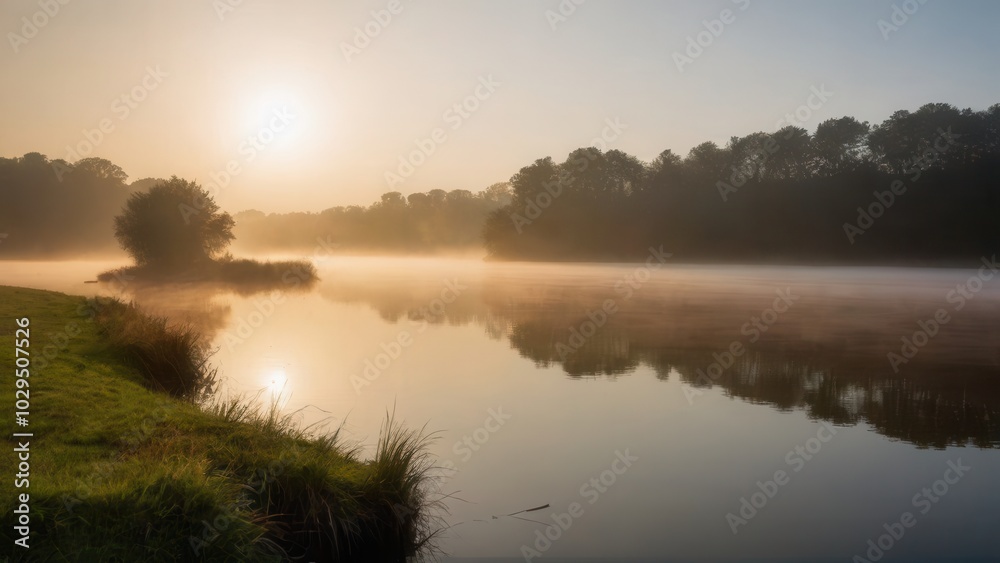 A gentle fog blankets a peaceful river at sunrise, with warm sunlight reflecting off the mist and water. The soft fog over the water and the lush green banks create a serene and atmospheric rural scen A gentle fog blankets a peaceful river at sunrise, with warm sunlight reflecting off the mist and water. The soft fog over the water and the lush green banks create a serene and atmospheric rural scen
