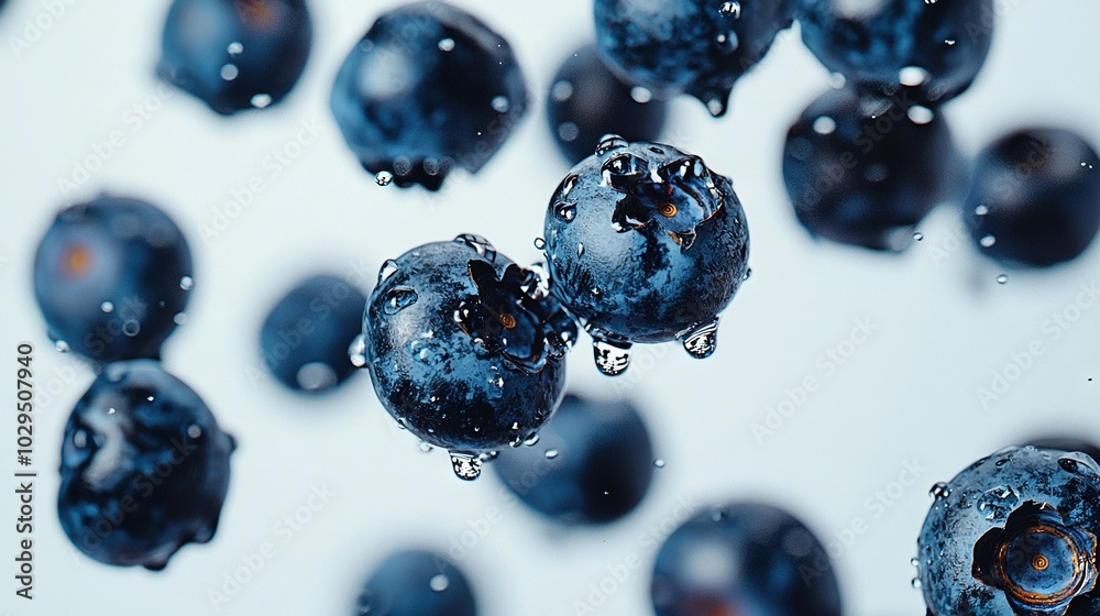 A cluster of azure spheres bobbing atop a tranquil aquatic expanse with cascading H2O droplets A cluster of azure spheres bobbing atop a tranquil aquatic expanse with cascading H2O droplets