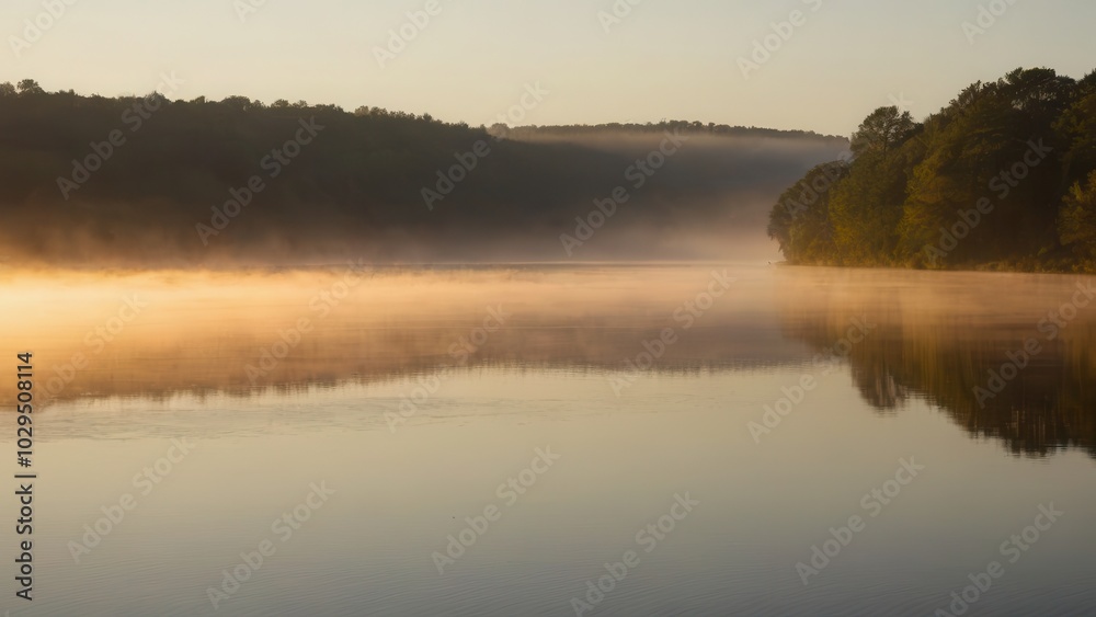 Obraz premium A gentle fog blankets a peaceful river at sunrise, with warm sunlight reflecting off the mist and water. The soft fog over the water and the lush green banks create a serene and atmospheric rural scen