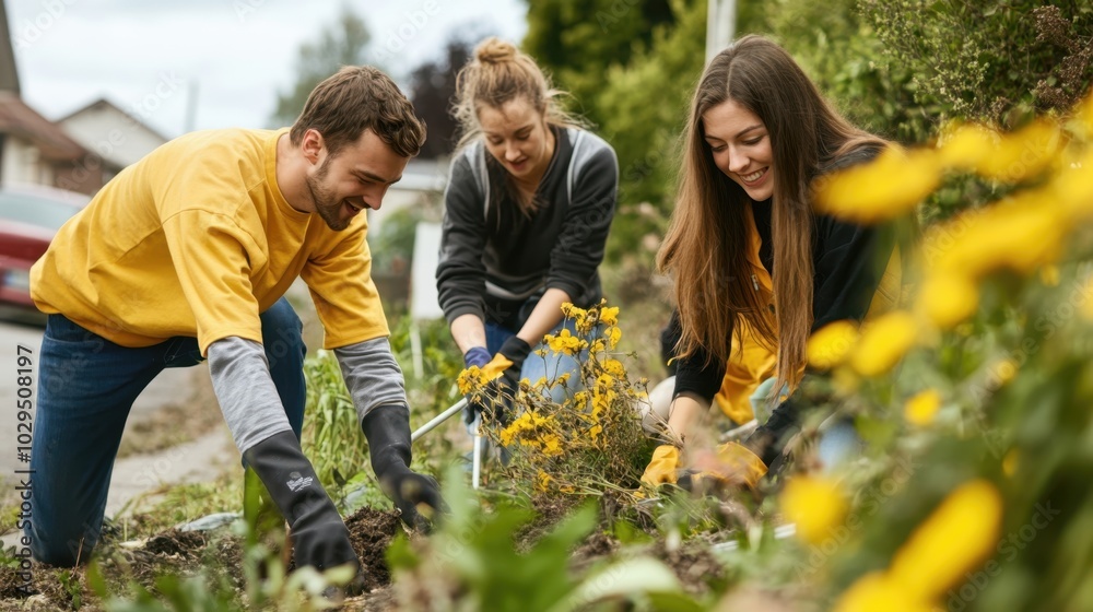 Fototapeta premium a group of cheerful volunteers working together in a garden, planting or tending to yellow flowers