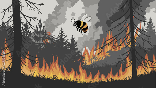 Dramatic bee escaping a forest in flames, with its tiny form contrasting against the intense heat and smoke of the fire.