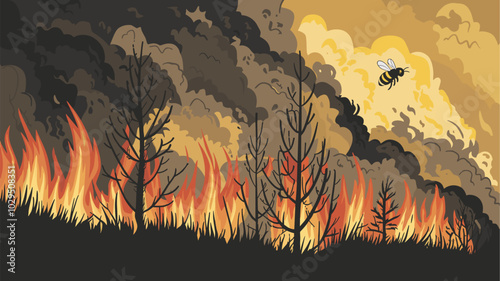 Dramatic bee escaping a forest in flames, with its tiny form contrasting against the intense heat and smoke of the fire.