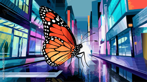 Butterfly navigating through a city street illuminated by neon lights, with vibrant colors reflecting off its wings in a surreal urban setting.