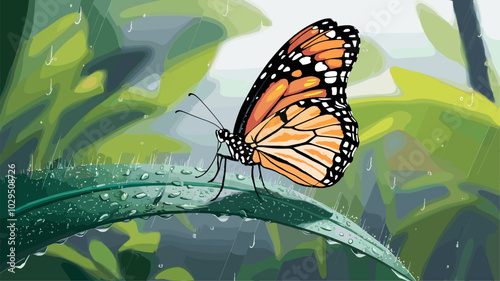 Butterfly perched on a wet leaf in a rain-soaked rainforest, with raindrops clinging to its wings and vibrant greenery creating a dynamic backdrop.