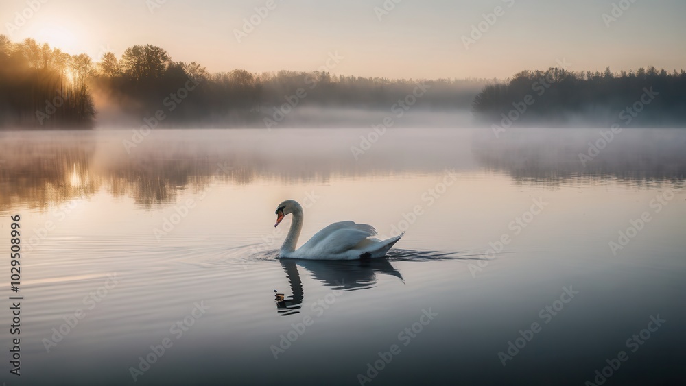 Fototapeta premium A solitary swan swimming through a foggy lake at sunrise, with mist drifting over the calm water and forested hills in the background. The soft light and fog over water create a harmonious and tranqui