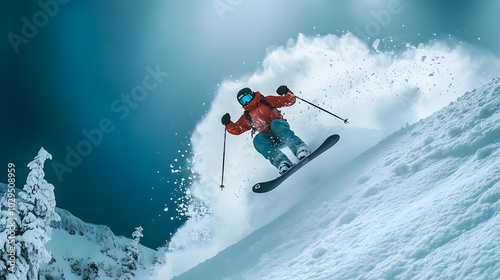 A skier performing a 540-degree spin off a jump in a terrain park with snow flying off their skis as they spin.
