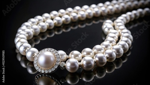 White gold necklace with pearls and diamonds on black background