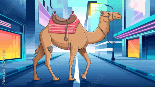 Camel in a futuristic city, neon lights reflecting off its coat, blending tradition with modernity.