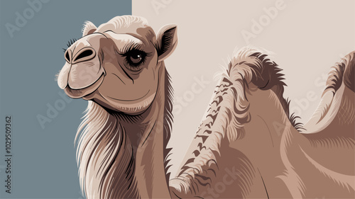 Camel posing in a studio, soft lighting accentuating fur texture and gentle eyes, against a simple background.