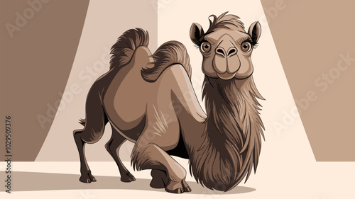 Camel posing in a studio, soft lighting accentuating fur texture and gentle eyes, against a simple background.