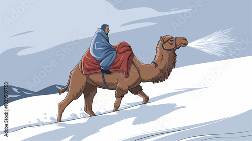 Camel trudging through snow, breath visible in cold air, surrounded by white, defying winter elements.