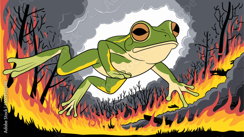 Dramatic frog leaping through a forest engulfed in flames, with intense heat and smoke contrasting with its bright, resilient colors.