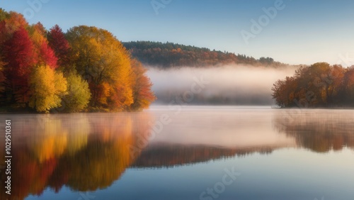 Wallpaper Mural Misty autumn morning on a peaceful lake surrounded by colorful trees. The fog over the water creates a dreamy atmosphere, with the vibrant fall foliage reflected in the calm surface of the lake Torontodigital.ca