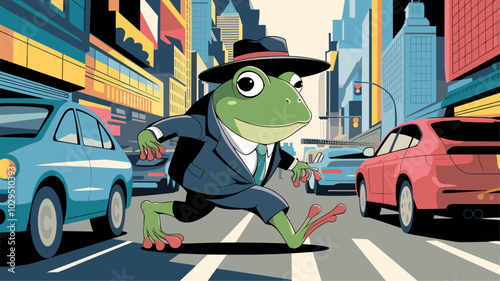 Whimsical frog navigating through a bustling city street, with skyscrapers and busy traffic providing a dramatic backdrop to its agile form.