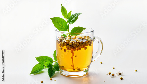 Herbal infusion in a glass cup with fresh mint leaves, vibrant setting with herbs and seeds