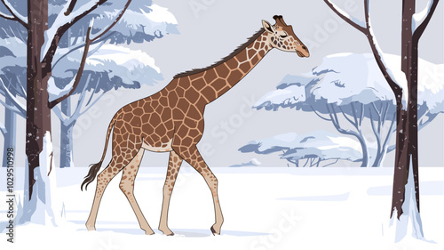 Serene scene of a giraffe moving through a snowy landscape, with snowflakes gently settling on its long neck and tranquil surroundings.