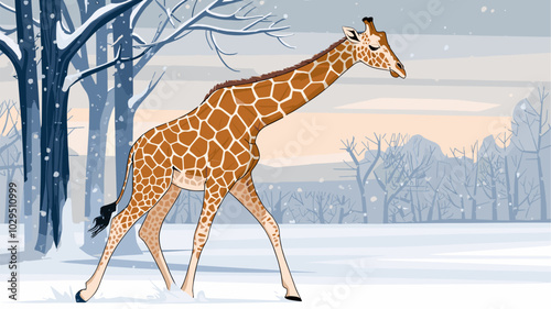 Serene scene of a giraffe moving through a snowy landscape, with snowflakes gently settling on its long neck and tranquil surroundings.