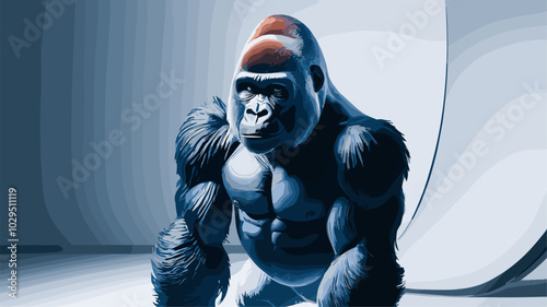 Professionally lit studio shot of a gorilla, with soft lighting enhancing its muscular frame and expressive face against a minimalistic backdrop.