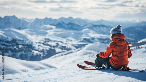 A skier taking a break on a snowy slope sitting on their skis and looking out over the mountain range in the distance. photo