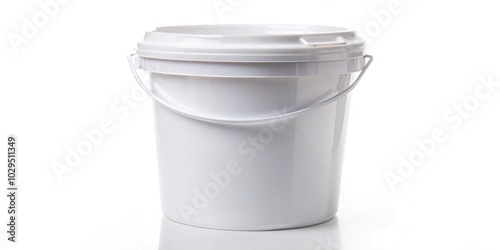 white plastic bucket with lid on white background aerial view