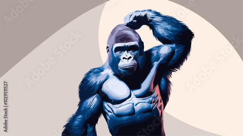 Professionally lit studio shot of a gorilla, with soft lighting enhancing its muscular frame and expressive face against a minimalistic backdrop.