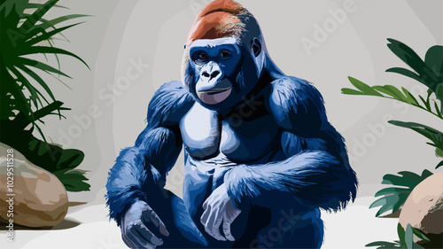 Professionally lit studio shot of a gorilla, with soft lighting enhancing its muscular frame and expressive face against a minimalistic backdrop.