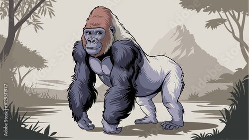 Gorilla against an isolated background, showcasing its impressive physique and detailed fur in a simple, uncluttered environment.
