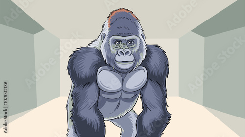 Gorilla against an isolated background, showcasing its impressive physique and detailed fur in a simple, uncluttered environment.
